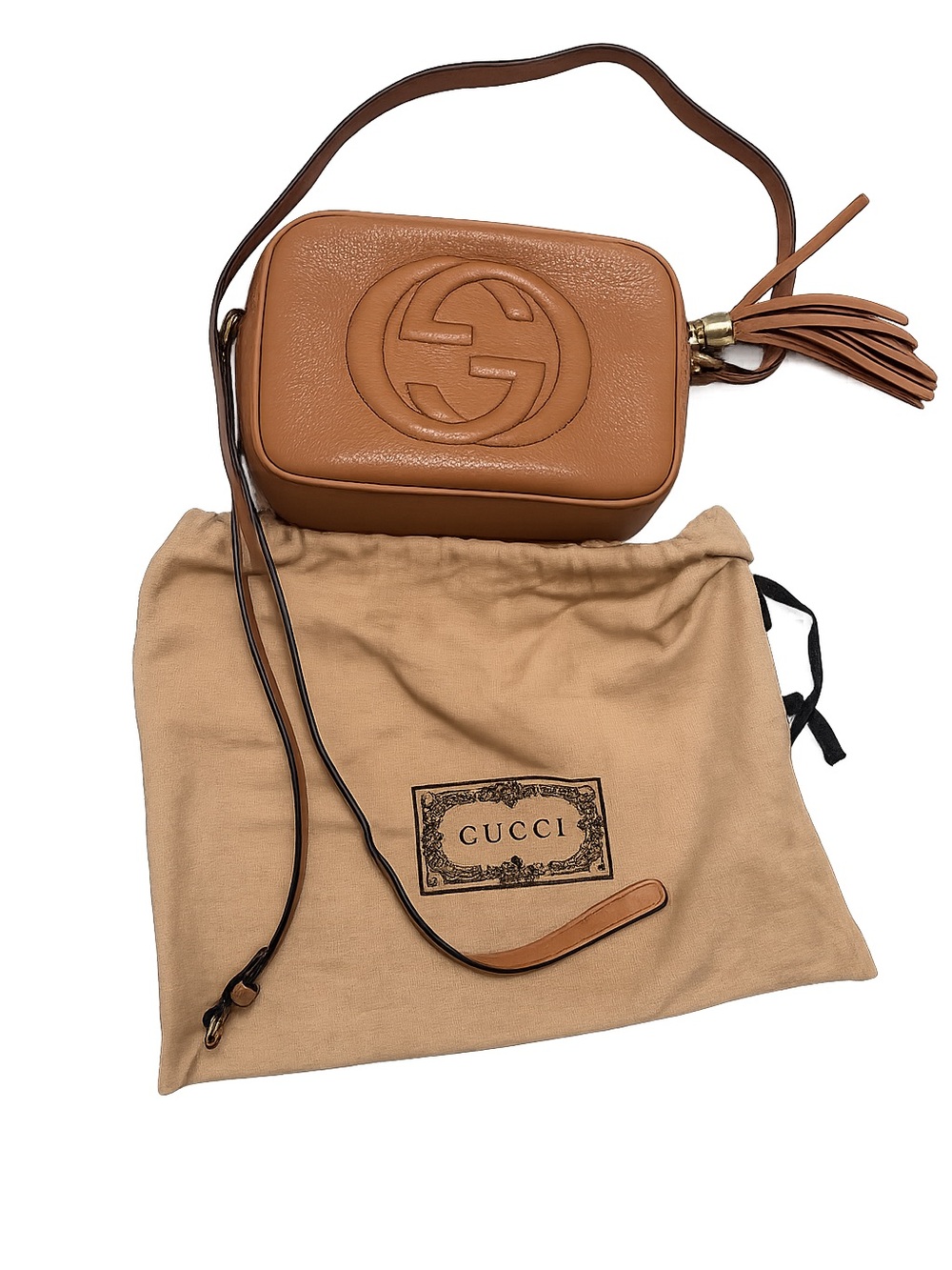 Gucci Cognac Pebbled Leather Crossbody with Tassel